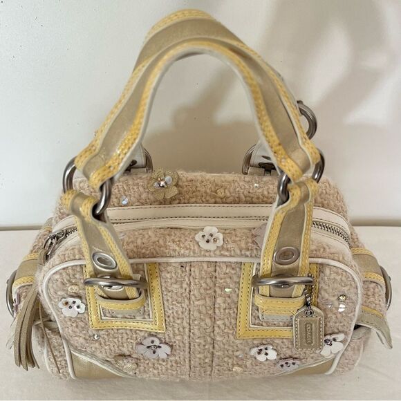 Coach 10071 Tweed Soho Boston Baguette Floral Applique Metallic Leather Bag RARE - Picture 5 of 13